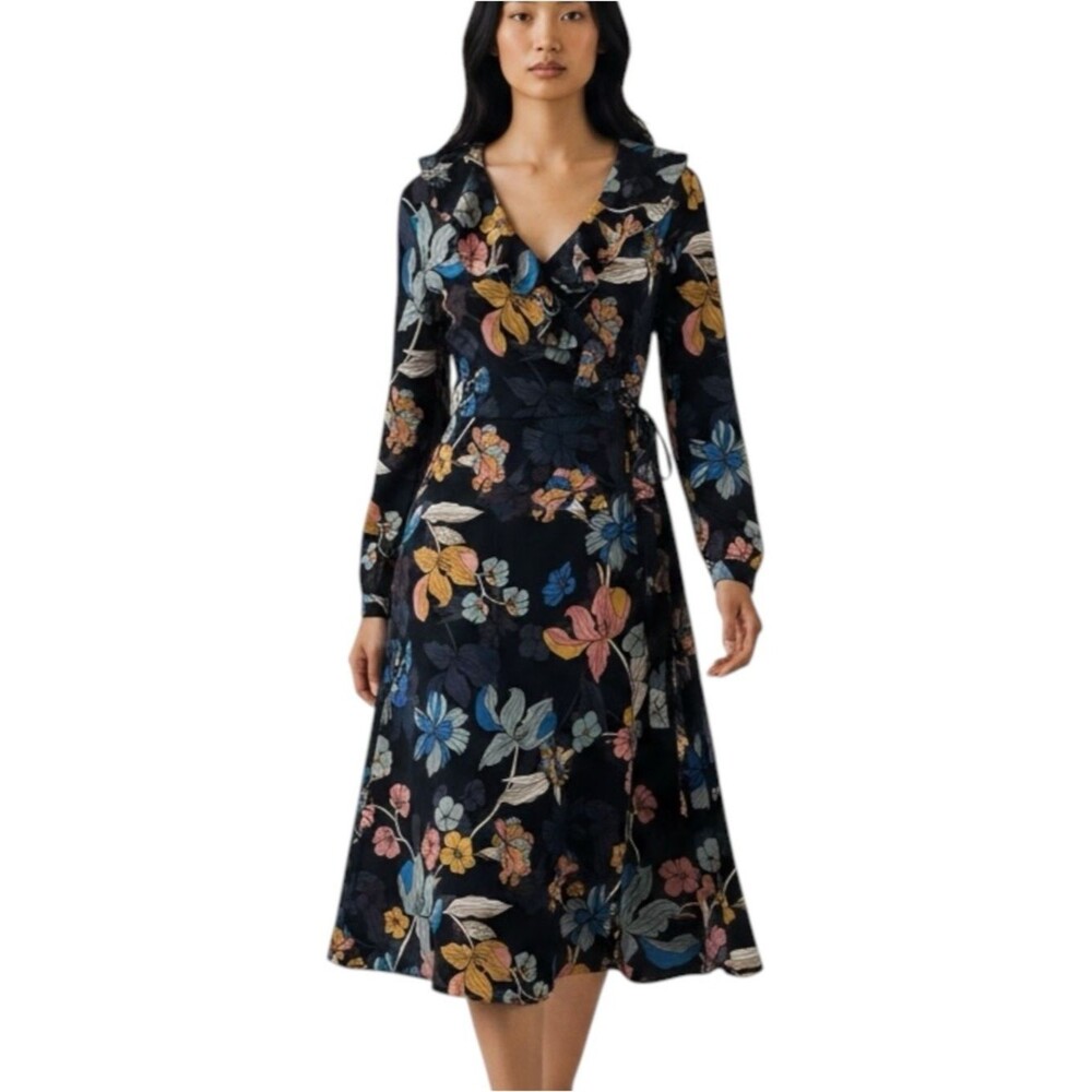 Who What Wear Black Bold Floral Ruffled Midi Dress NWOT Size XS